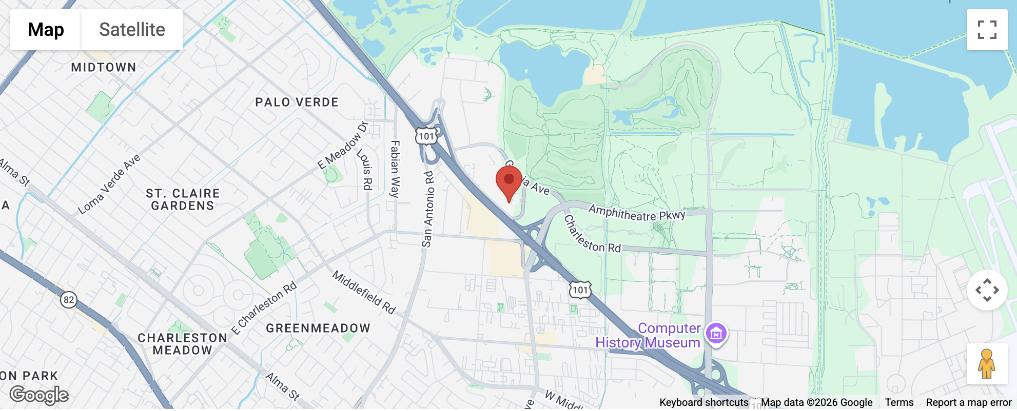 Map showing the location near Highway 101, Computer History Museum, and neighborhoods like St. Claire Gardens and Charleston Meadow.